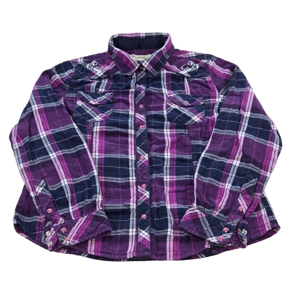 Bit & Bridle Womens Purple Plaid Horse Print Western Shirt Size L